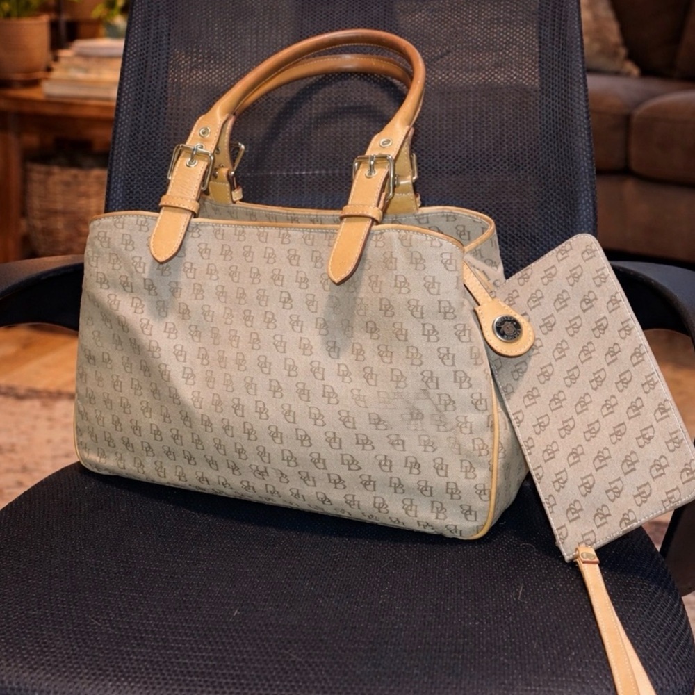 Dooney & Burke Vintage Monogram Satchel Bag with Wristlet - Beige/Tan